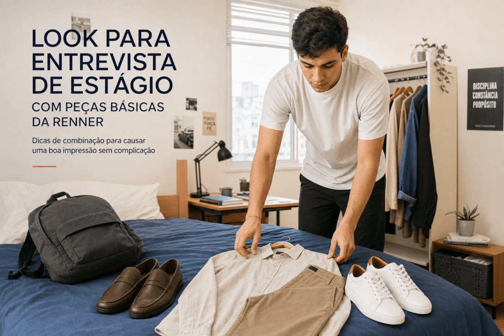 Look básico para entrevista de estágio na faculdade com peças neutras